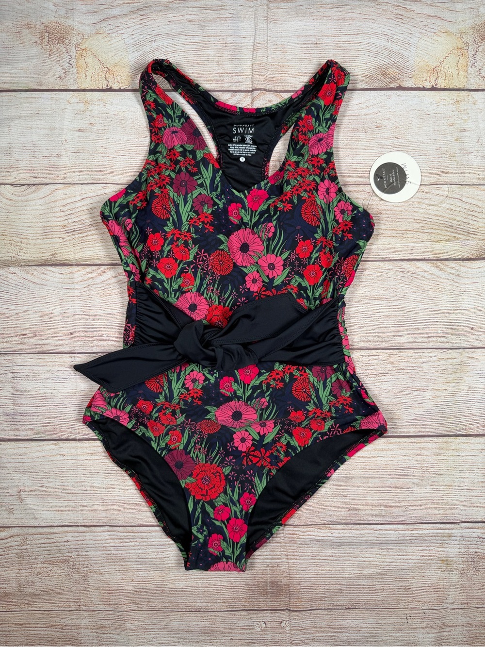 NWT DownEast Black Floral One-Piece Swimsuit with Waist Tie - Pink/Green